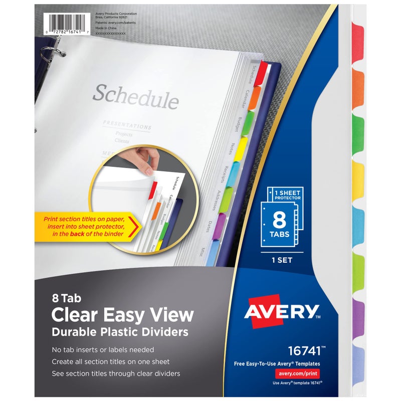 Avery Clear Easy View Durable Plastic Dividers for 3 Ring Binders, 8-Tab Set, Bright Multicolor, 1 Set (16741) - Image 1